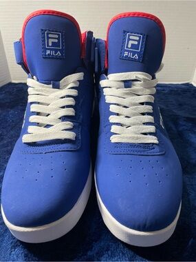 FILA Vulc 13 Men's Blue High-Top Sneakers with White Laces and Red Trim, size 13